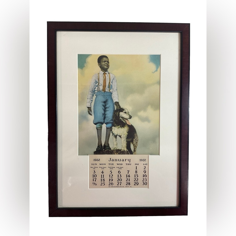 Antique American Africana Beautiful 1932 framed Calendar Little Boy with his Dog